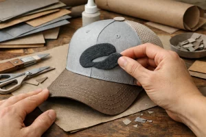 Technique de flocage casquettes personnalisées pour entreprises, illustration paper craft.
