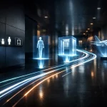 Image futuriste illustrant le processus de transformation pour une entreprise de signalétique intérieure suisse, avec néons e