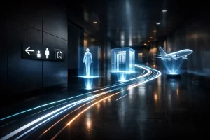 Image futuriste illustrant le processus de transformation pour une entreprise de signalétique intérieure suisse, avec néons e