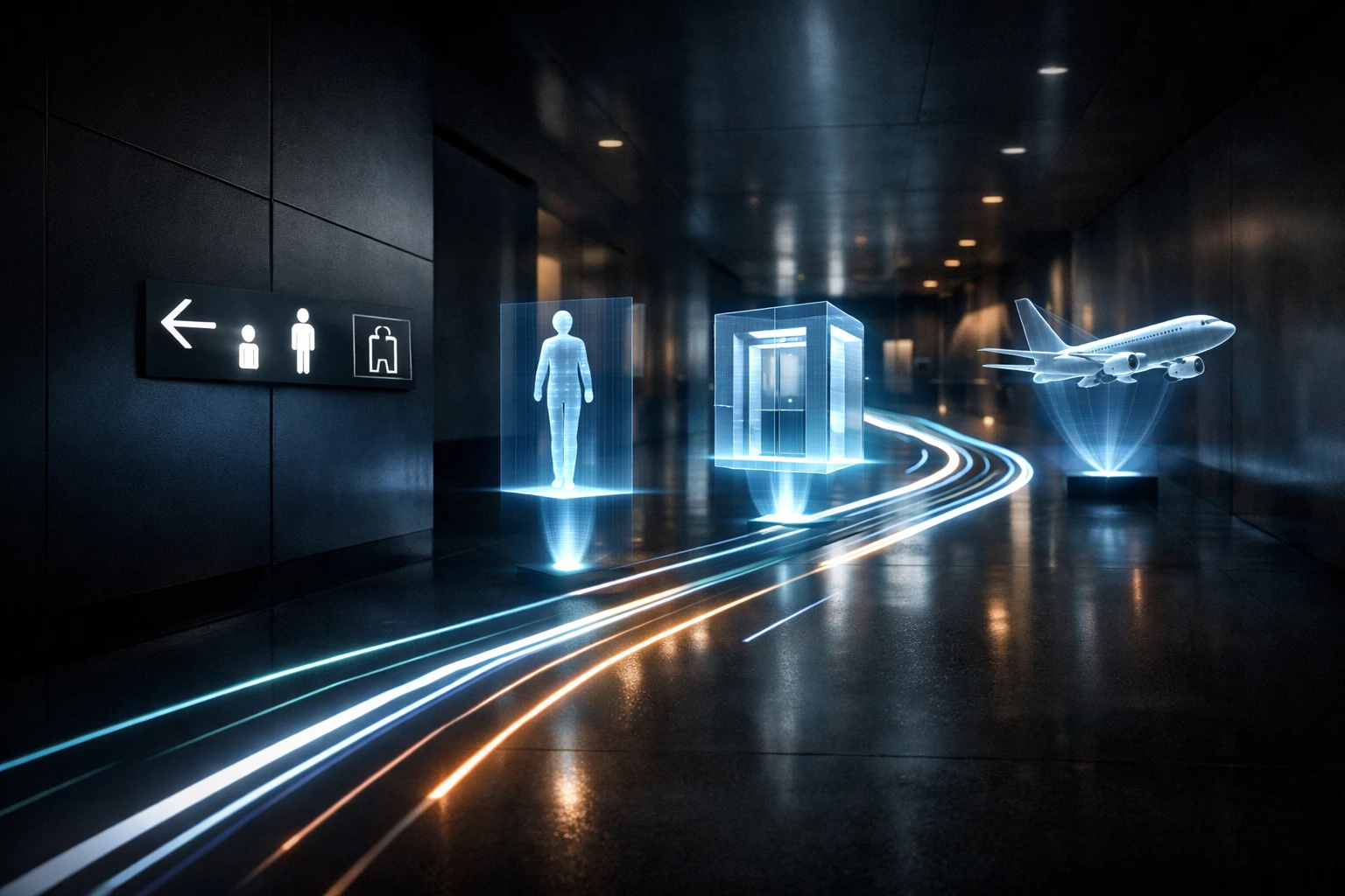 Image futuriste illustrant le processus de transformation pour une entreprise de signalétique intérieure suisse, avec néons e