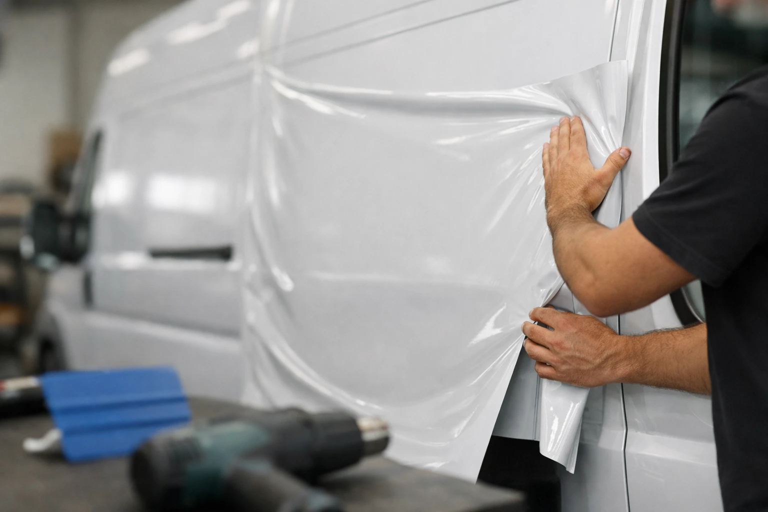 Expert appliquant un covering vinyle sur fourgon utilitaire. Guide complet prix covering véhicule utilitaire 2026.