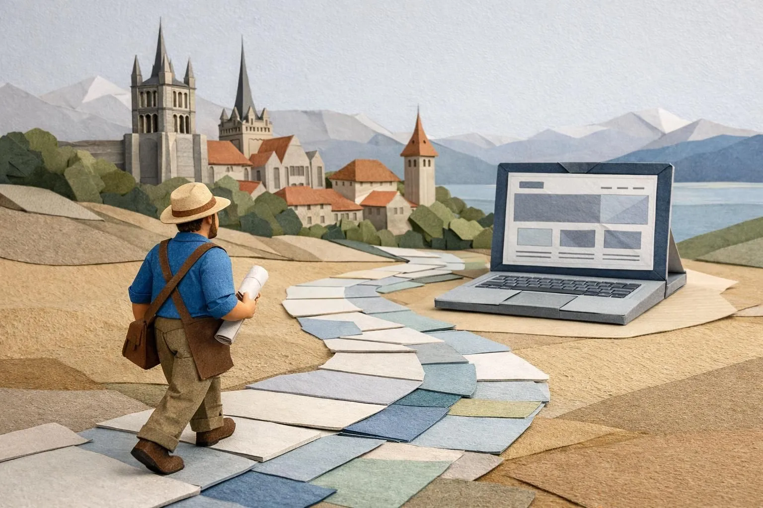 Image paper craft: un artisan en chemin vers la création de son site internet professionnel à Lausanne. Guide complet 2026.