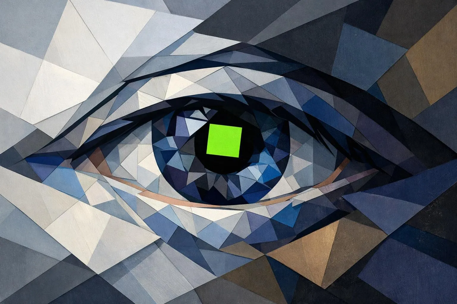 Image abstraite géométrique représentant un œil stylisé avec des formes désaccordées, illustrant les erreurs à éviter en comm