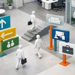 Signalétique intérieure entreprise Vaud: Bureau moderne en 3D isométrique avec des panneaux directionnels ludiques.