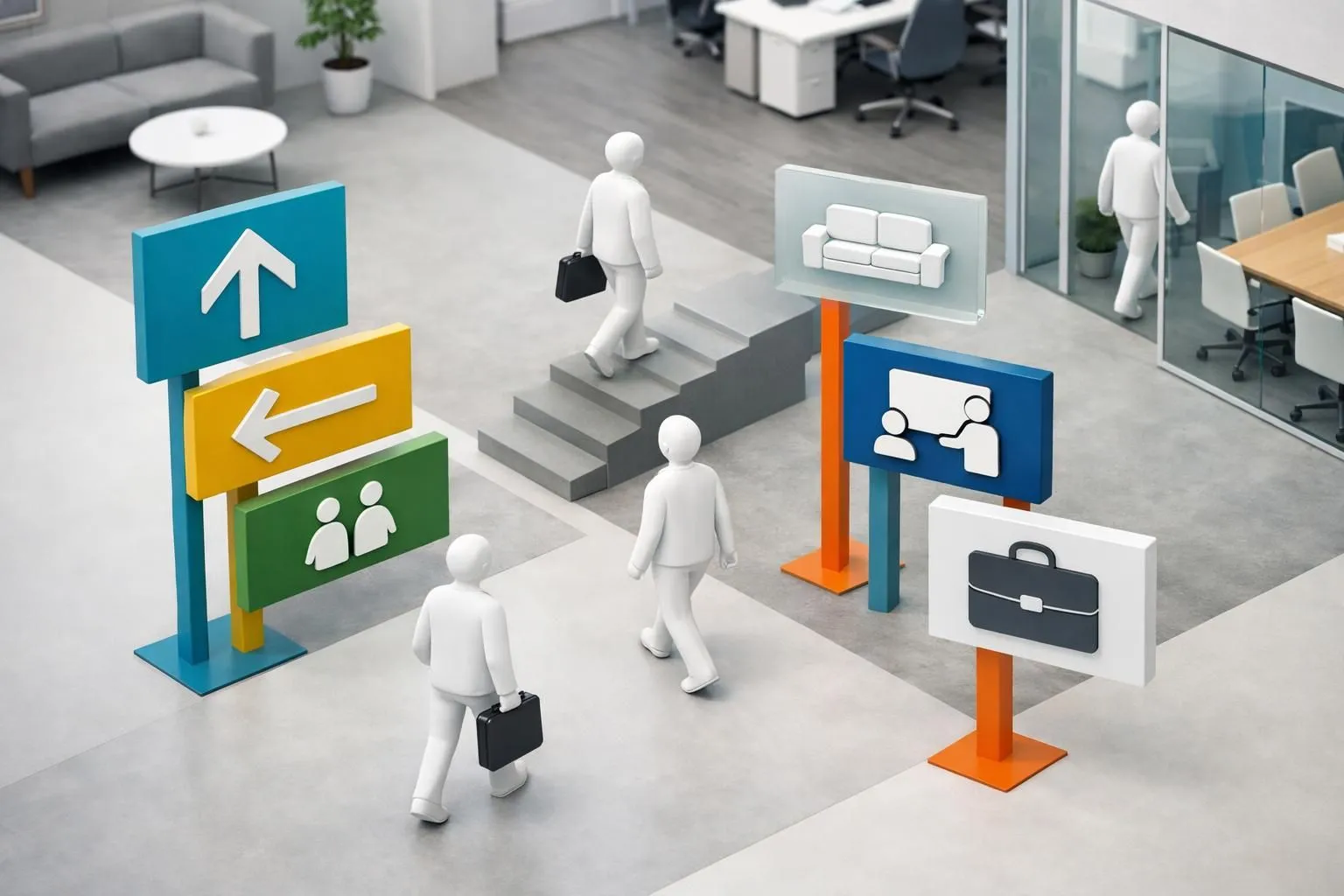 Signalétique intérieure entreprise Vaud: Bureau moderne en 3D isométrique avec des panneaux directionnels ludiques.