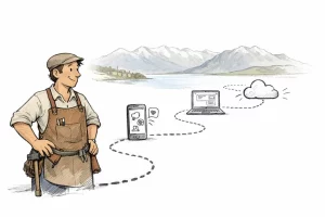 Croquis d'un artisan sur un chemin de communication digitale à Lausanne. Guide 2026 pour artisans.