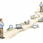 Croquis d'un guide agence webmarketing PME Vaud montrant un parcours de succès numérique.