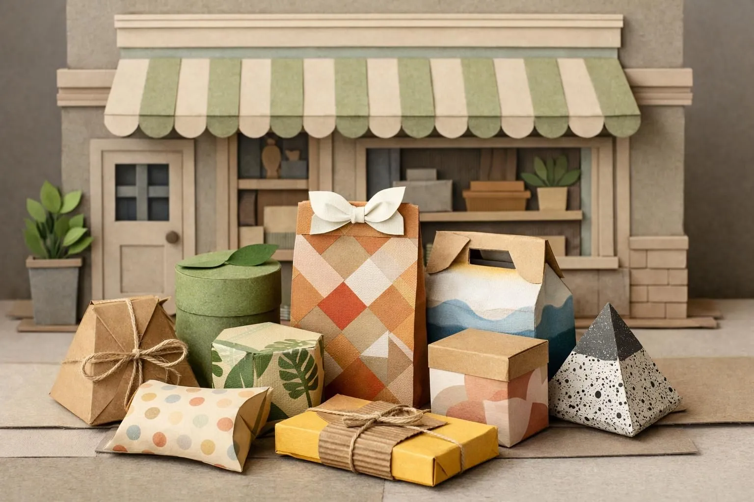 Packaging personnalisé pour PME en 2026 : assemblage créatif de boîtes en papier plié, illustrant innovation et personnalisat