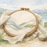 Illustration aquarelle: broderie logo entreprise Vaud sur tissu élégant. Art de personnalisation textile doux et local en Sui