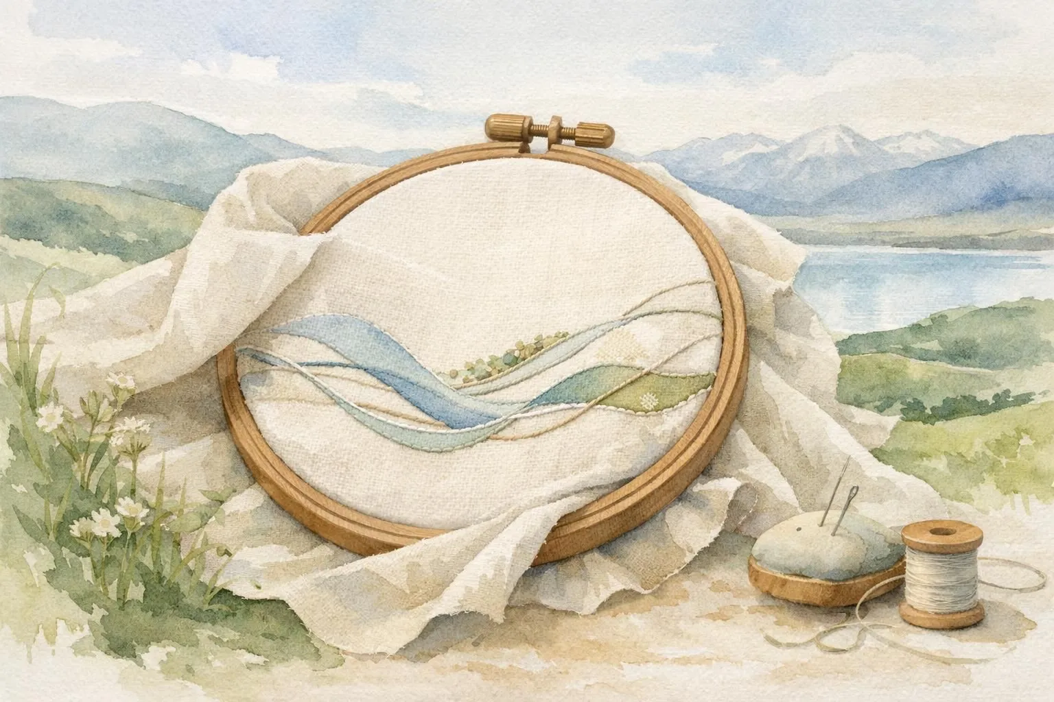 Illustration aquarelle: broderie logo entreprise Vaud sur tissu élégant. Art de personnalisation textile doux et local en Sui