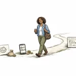 Dessin esquissé d'une personne parcourant un chemin jalonné d'étapes et de symboles budgétaires pour communication visuelle e