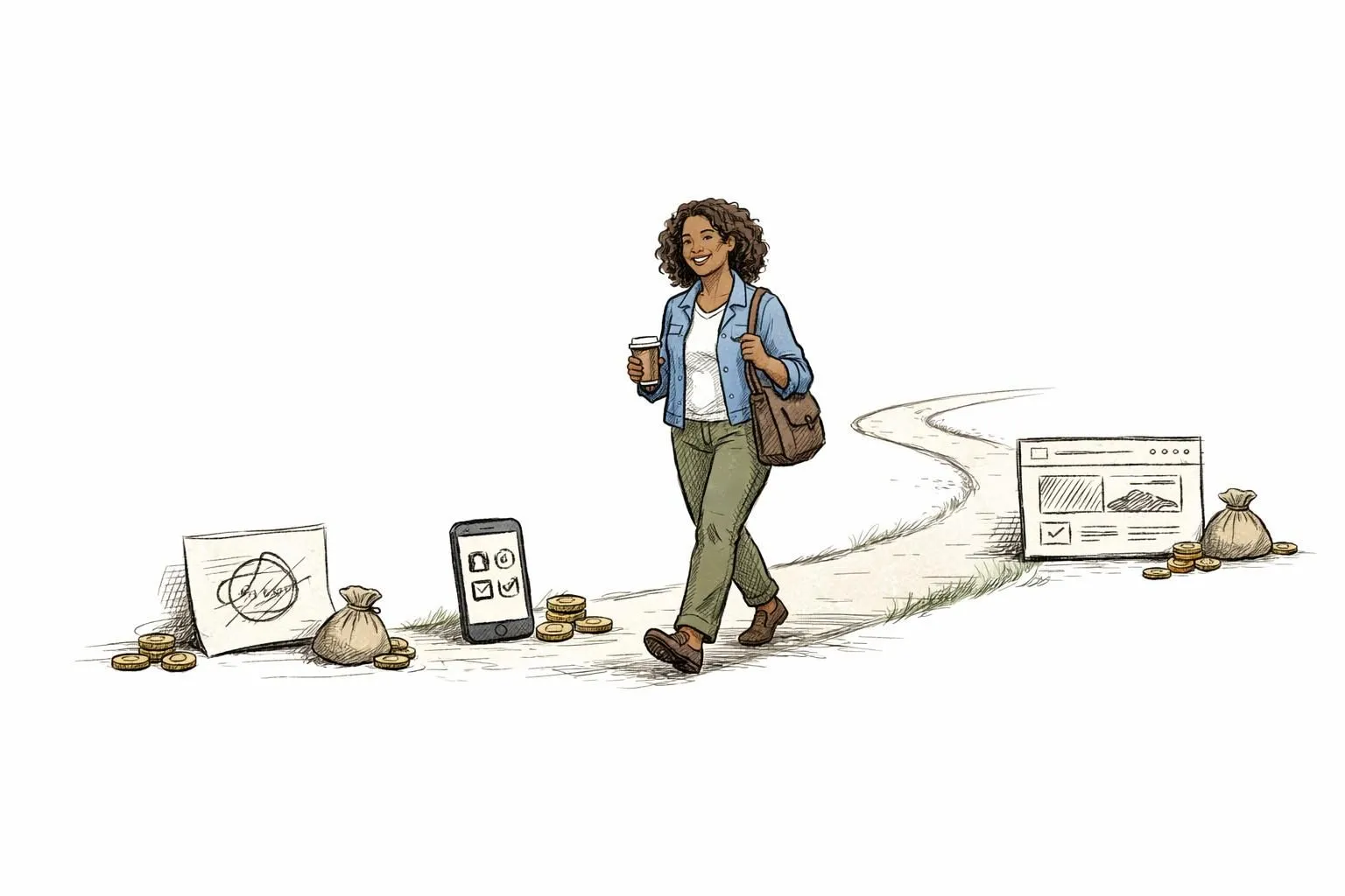 Dessin esquissé d'une personne parcourant un chemin jalonné d'étapes et de symboles budgétaires pour communication visuelle e