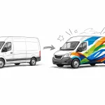 Marquage véhicule d'entreprise: un van commercial transformé par des graphiques dynamiques dessinés à la main.