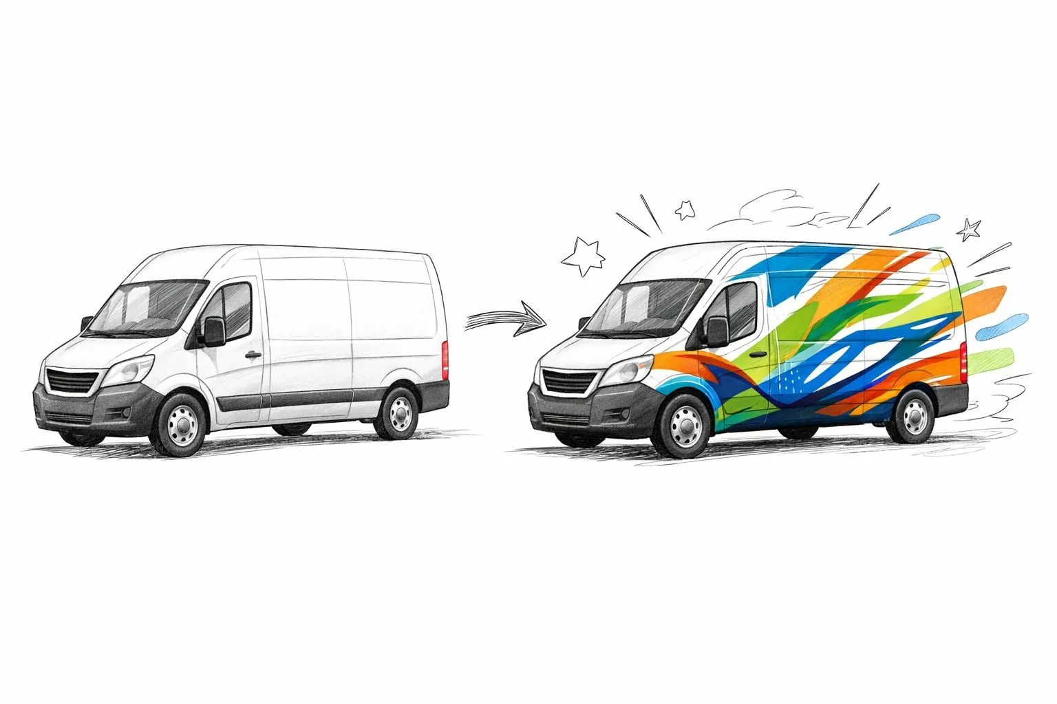 Marquage véhicule d'entreprise: un van commercial transformé par des graphiques dynamiques dessinés à la main.