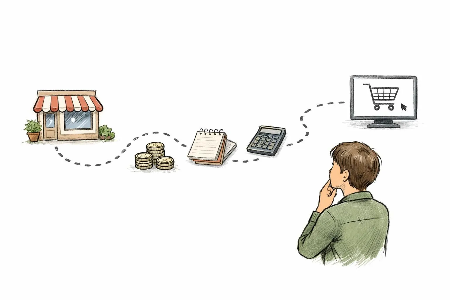 Guide visuel sur combien coûte un site e-commerce local, avec étapes de budgétisation et éléments de coût dessinés à la main.