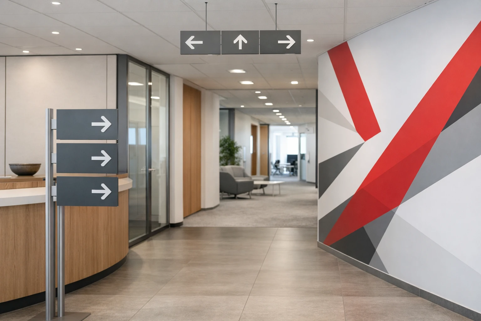 Modern Swiss office reception area with elegant directional signage panels mounted on walls, professional wayfinding system with arrow indicators, branded wall graphics featuring company colors, well-lit contemporary business interior with clear visual pathways, employees and visitors navigating confidently through the space