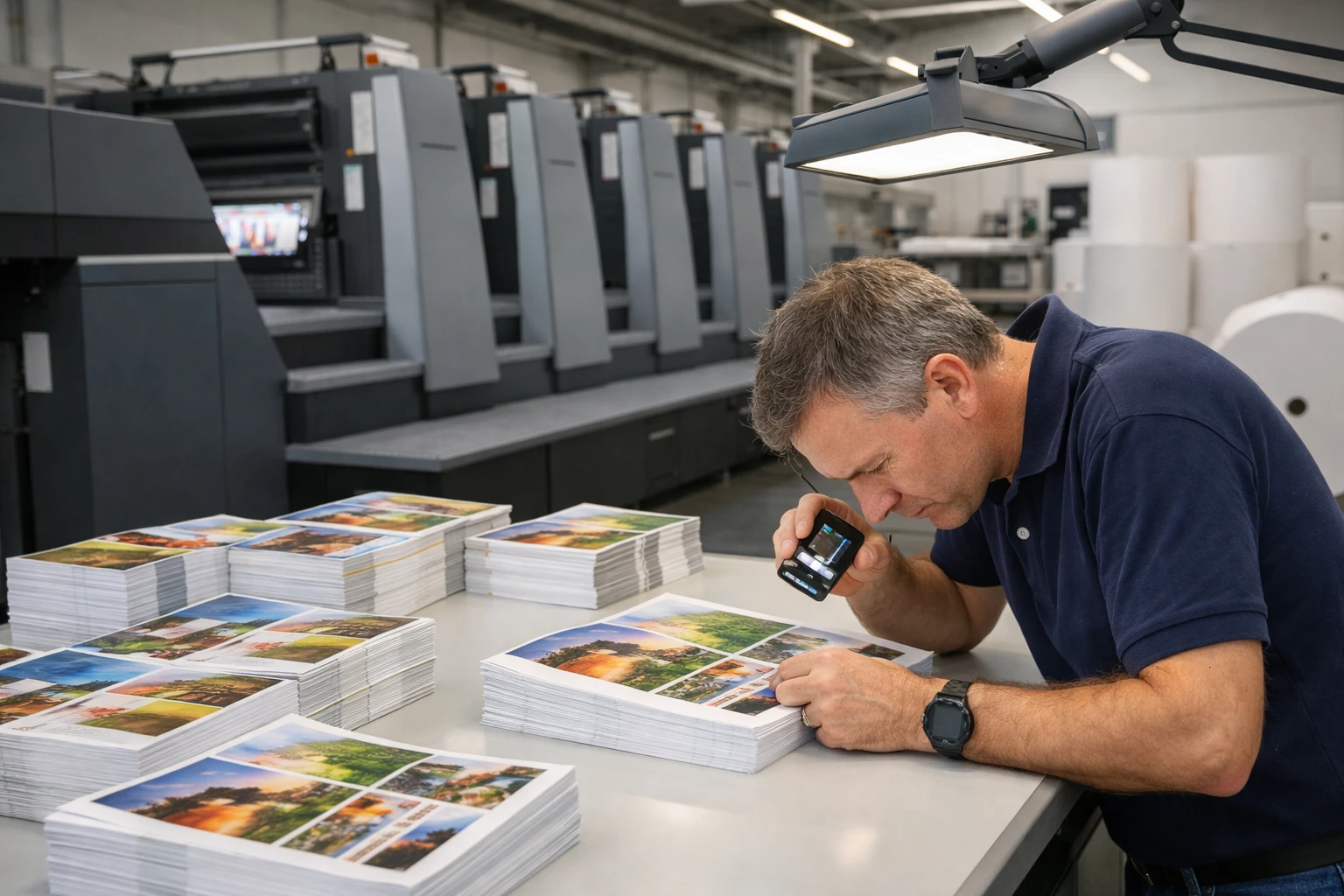 Modern Swiss printing workshop with professional offset printing machine producing colorful brochures, finished flyers stacked on production table, quality control specialist examining print samples under professional lighting, clean industrial environment with rolls of premium paper visible