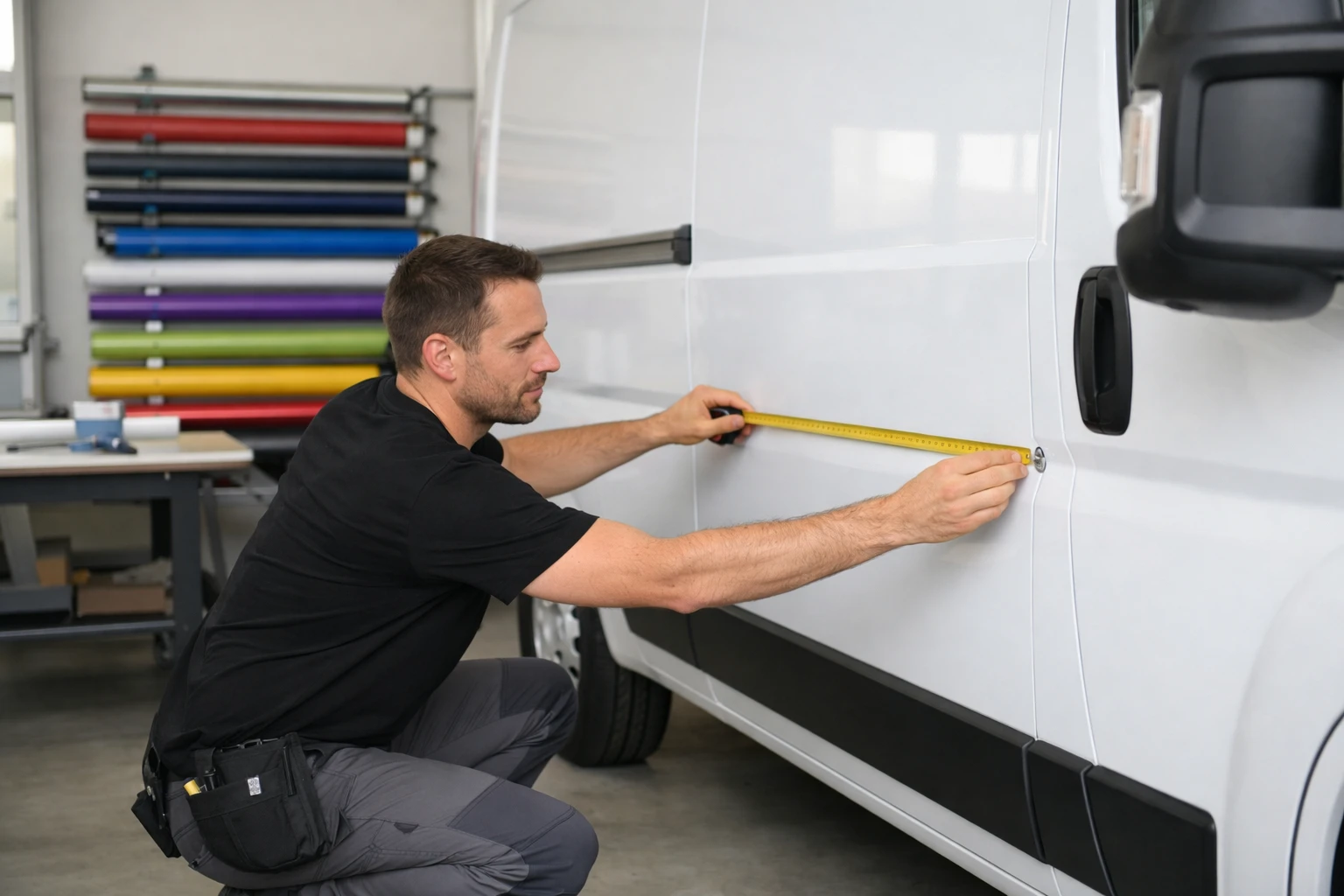 Professionnel mesurant la surface latérale d'un fourgon blanc avec un mètre dans un atelier spécialisé en covering, rouleaux de vinyle colorés en arrière-plan