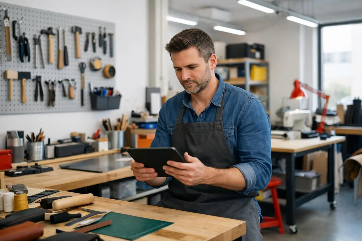 Artisan suisse dans son atelier moderne à Lausanne consultant une tablette affichant un site web professionnel, outils de travail artisanal visibles, lumière naturelle, atmosphère contemporaine et authentique