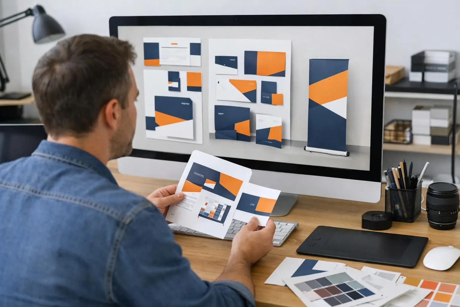 Professional graphic designer reviewing brand identity mockups on large computer screen, showing consistent visual elements across business cards, brochures and signage materials, modern Swiss design studio setting with printing samples visible