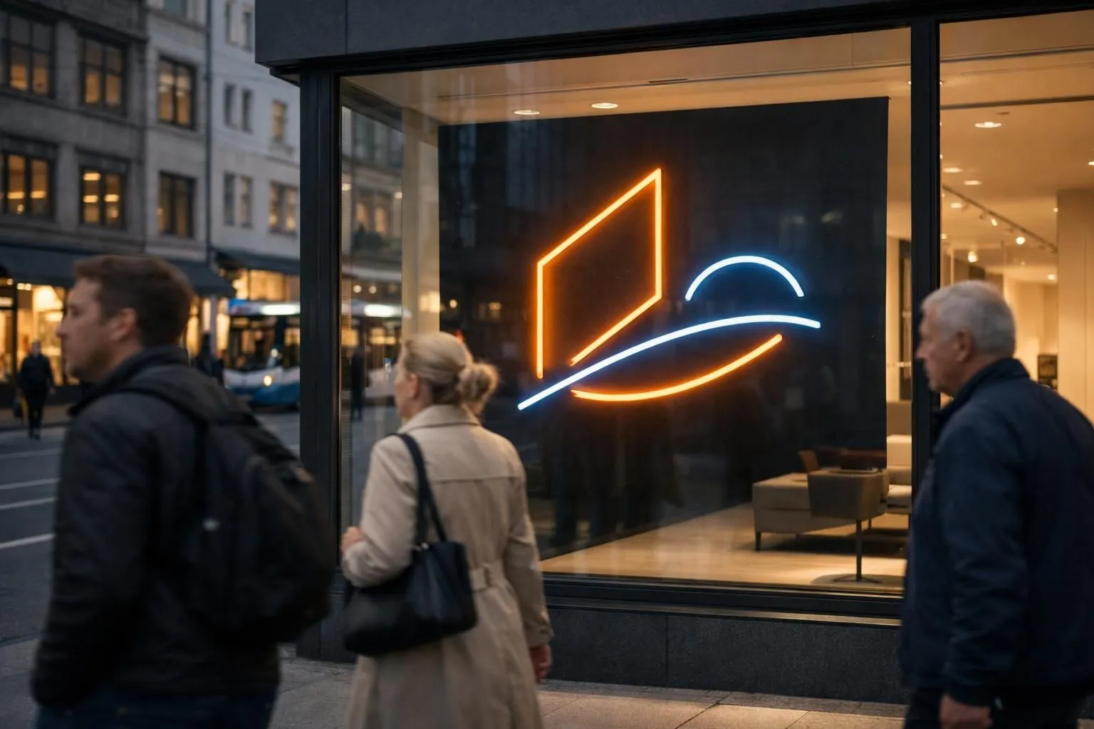 Modern LED illuminated storefront sign glowing at dusk on Swiss commercial street, pedestrians walking past elegant shop facade with custom lighting, professional urban business district atmosphere