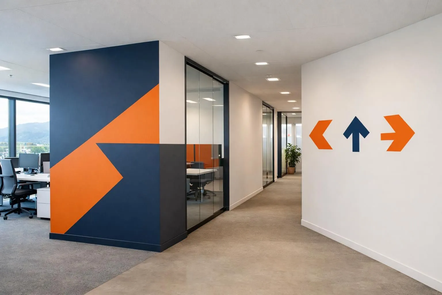 Modern Swiss office interior in Vaud showing elegant directional wall signage and wayfinding panels in a professional business environment, natural lighting, clean design, contemporary workspace with visible interior signs guiding through corridors