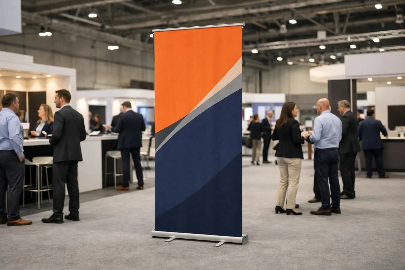 Professional roll-up kakemono banner displayed in modern business exhibition hall, showing sleek aluminum stand structure with vertical fabric banner, surrounded by trade show booths and business professionals networking in background