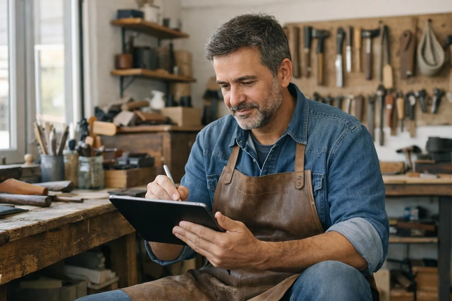 Artisan lausannois dans son atelier authentique consultant une tablette numérique, outils traditionnels visibles en arrière-plan, lumière naturelle, ambiance moderne mais chaleureuse, scène réaliste de transition digitale