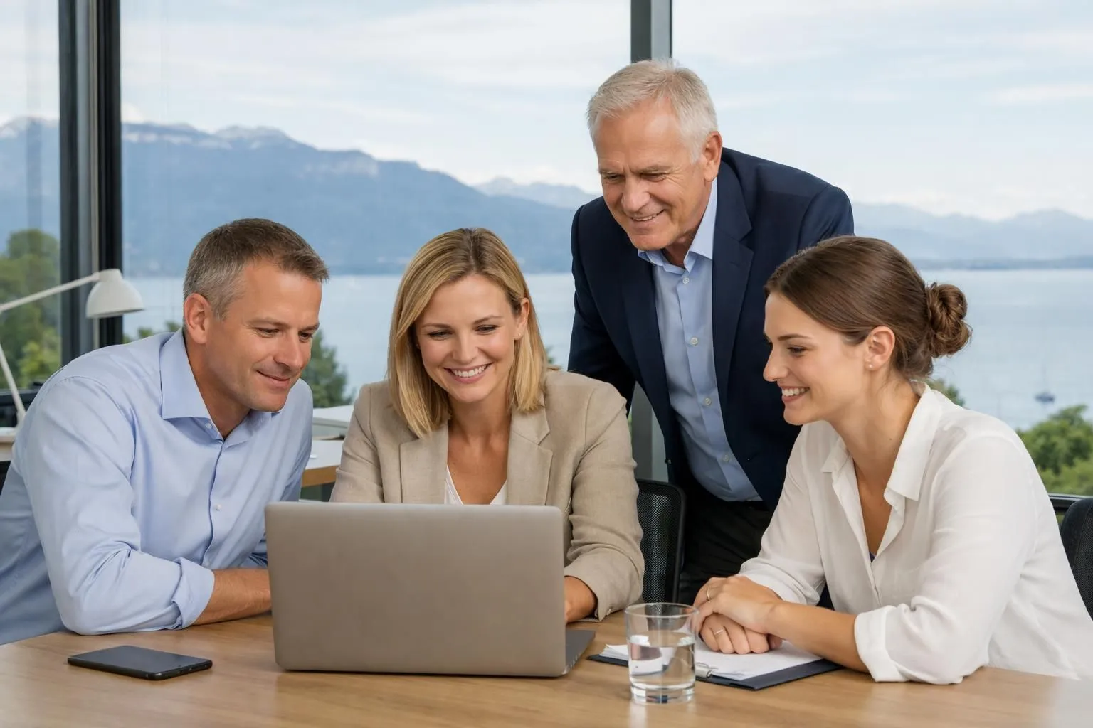 Swiss business team collaborating around laptop in modern Lausanne office with digital marketing dashboard visible on screen, professional lighting, contemporary workspace with Lake Geneva view