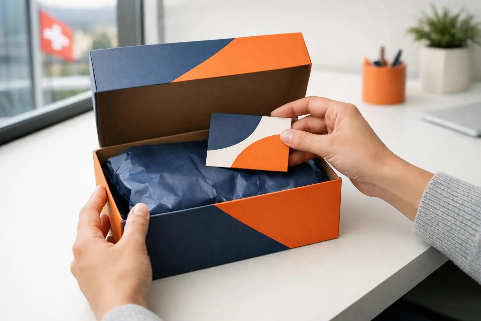 Close-up photograph of hands opening a beautifully designed custom product box with branded tissue paper and personalized insert card, natural lighting, professional product photography style, Swiss business context, no visible text or logos on packaging