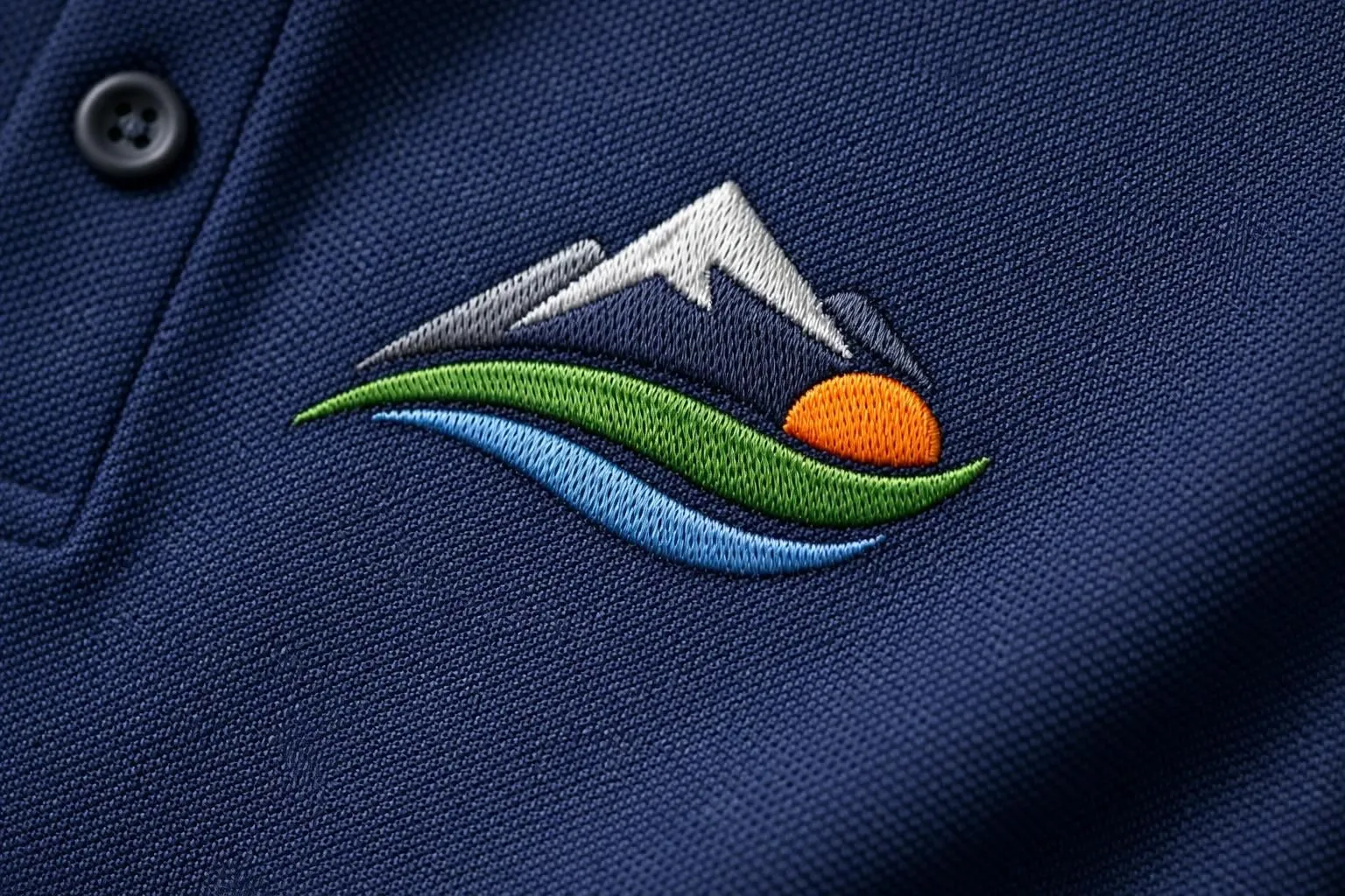 Close-up of professional embroidered company logo on navy blue business polo shirt collar, showcasing premium textile branding with visible thread texture and dimensional stitching, corporate identity focus