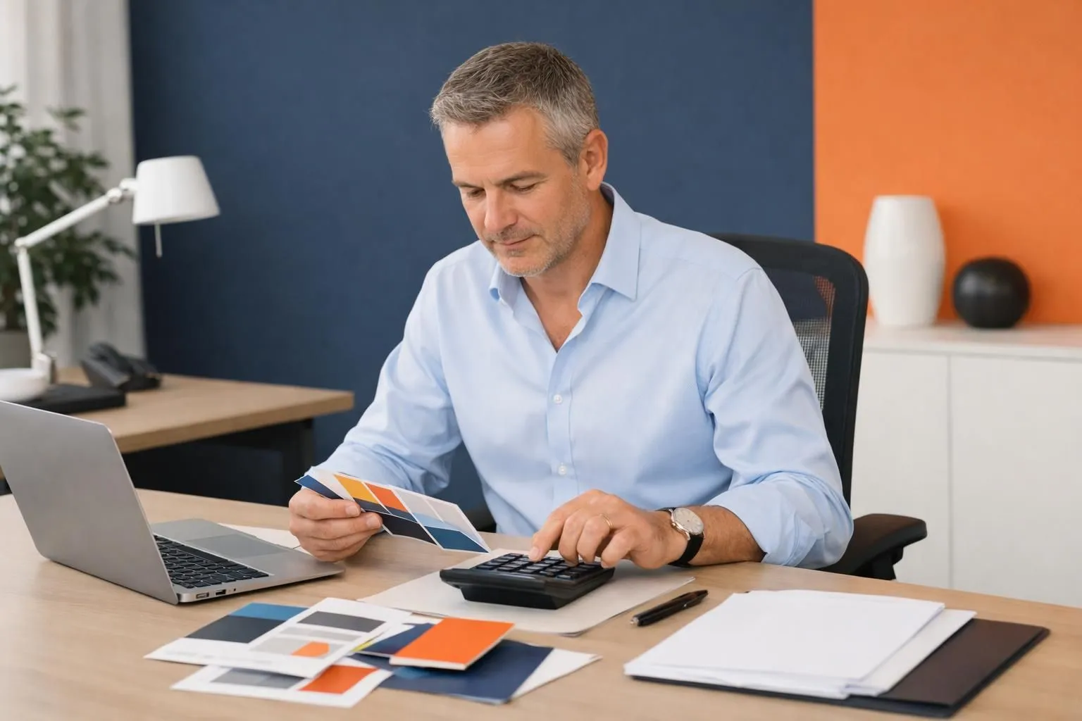 Swiss business owner reviewing printed visual communication materials spread on modern office desk, including vehicle wrap samples, business cards, and brochures, calculating budget with calculator and laptop