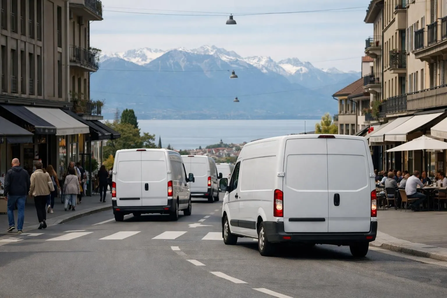 Fleet of unbranded white delivery vans driving through busy Lausanne street with pedestrians and shops, showing missed advertising opportunity, Swiss urban setting with lake and Alps visible in background