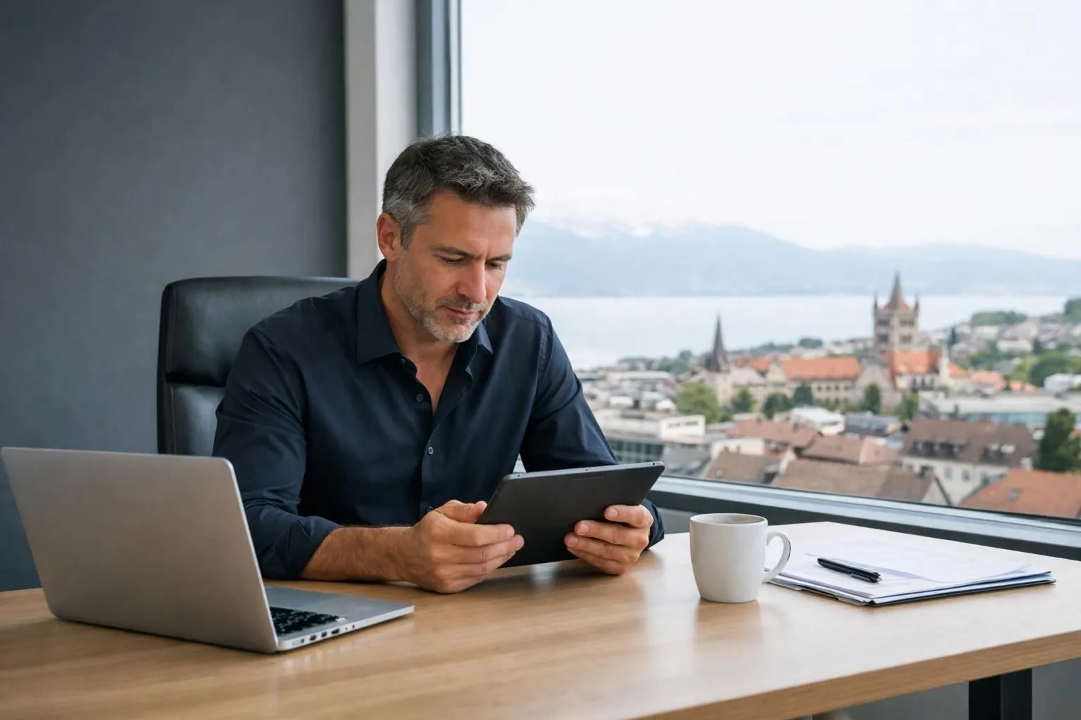 Business owner comparing multiple website pricing proposals on tablet screen in modern Swiss office overlooking Lausanne cityscape with laptop and coffee cup on wooden desk