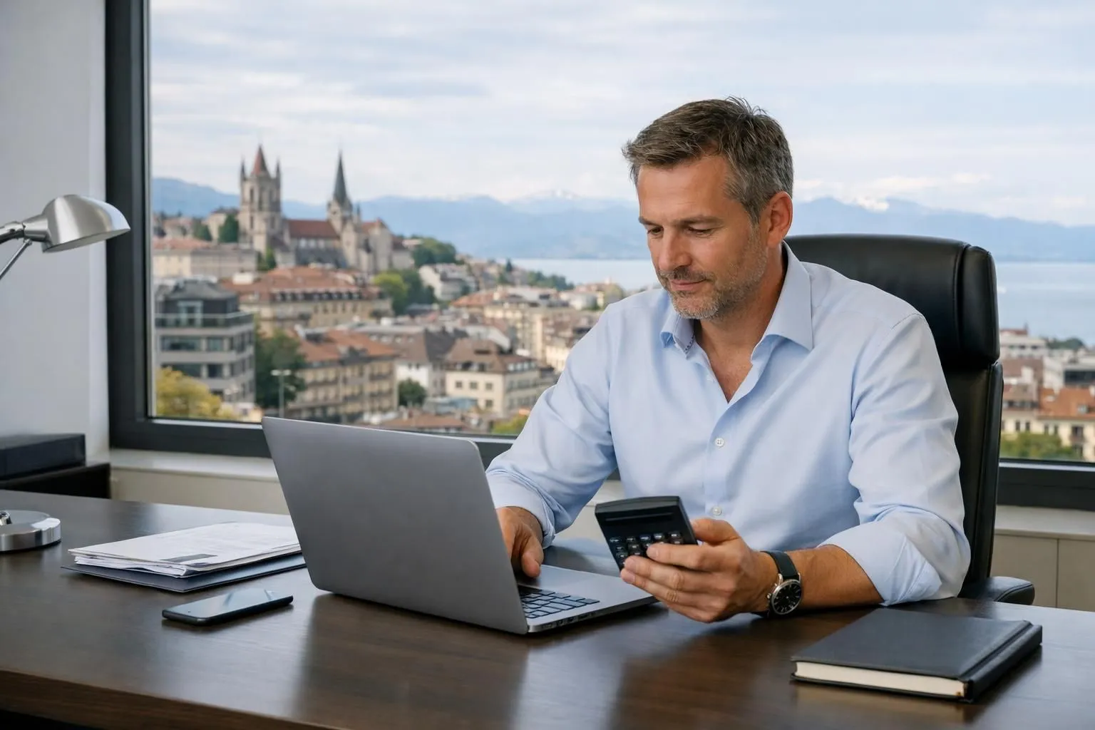 Swiss business owner sitting at desk comparing three different price proposals for e-commerce website on laptop screen, holding calculator, modern office with Lausanne cityscape visible through window, professional lighting, realistic photography
