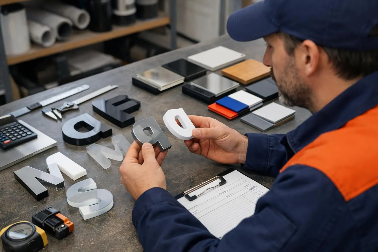 Professional signage workshop scene showing craftsman examining various cut letter materials including metal and acrylic samples on workbench, with measurement tools and material swatches displayed, focused on pricing evaluation process for custom signage projects