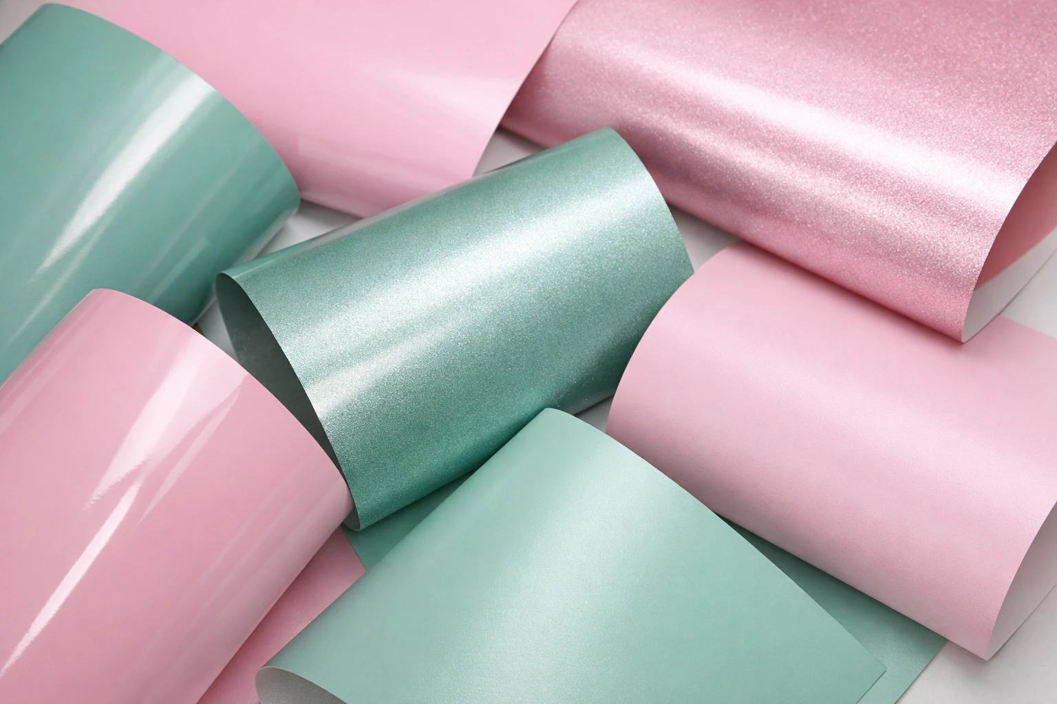 Gros plan réaliste montrant plusieurs échantillons de vinyle automobile de différentes qualités côte à côte, incluant des finitions brillantes, mates et métallisées, avec des textures visibles et des reflets subtils sur chaque type de film adhésif professionnel