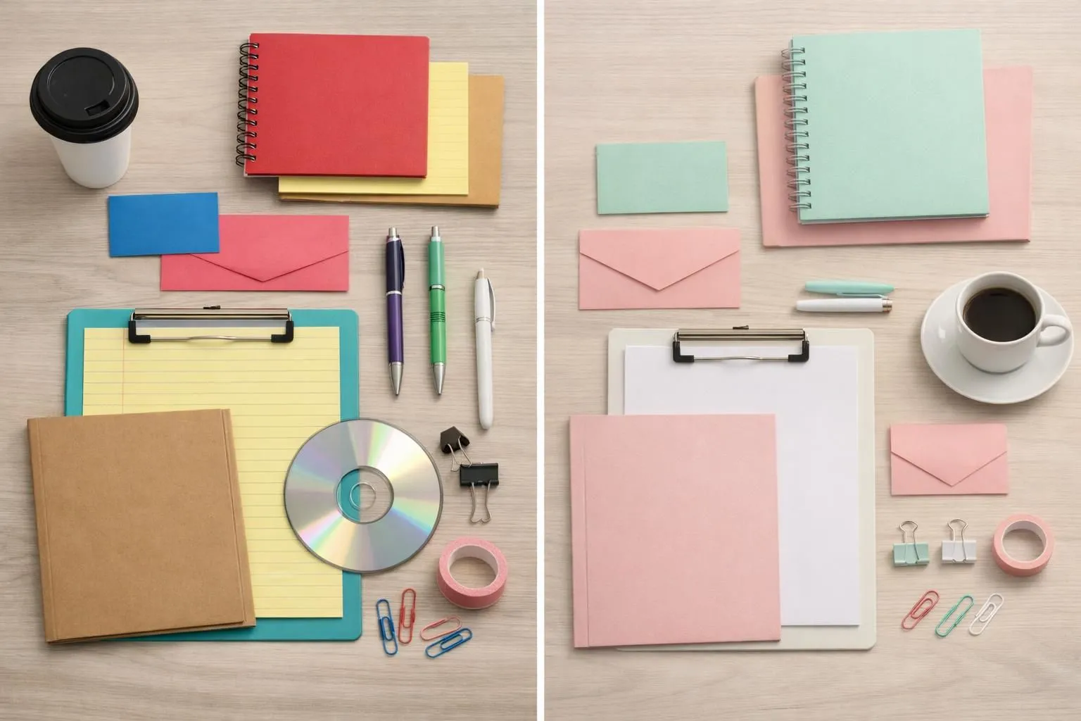 Split comparison showing inconsistent vs consistent brand materials - left side displays business cards, flyers and website with mismatched colors and fonts creating visual chaos, right side shows same materials with unified color palette and typography demonstrating professional brand coherence, no text visible