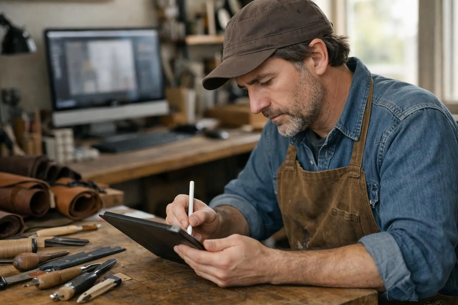 Artisan travaillant sur une tablette numérique dans son atelier, avec en arrière-plan des outils professionnels et un écran d'ordinateur affichant un site web moderne au design épuré, ambiance lumineuse et professionnelle