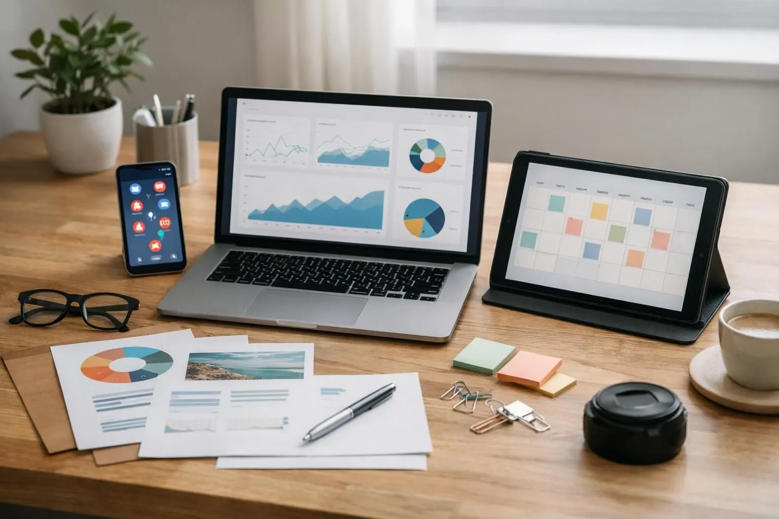 Modern office workspace showing laptop with analytics dashboard and website metrics, smartphone displaying social media notifications, tablet with content calendar, printed marketing materials and business cards arranged on wooden desk, natural window lighting
