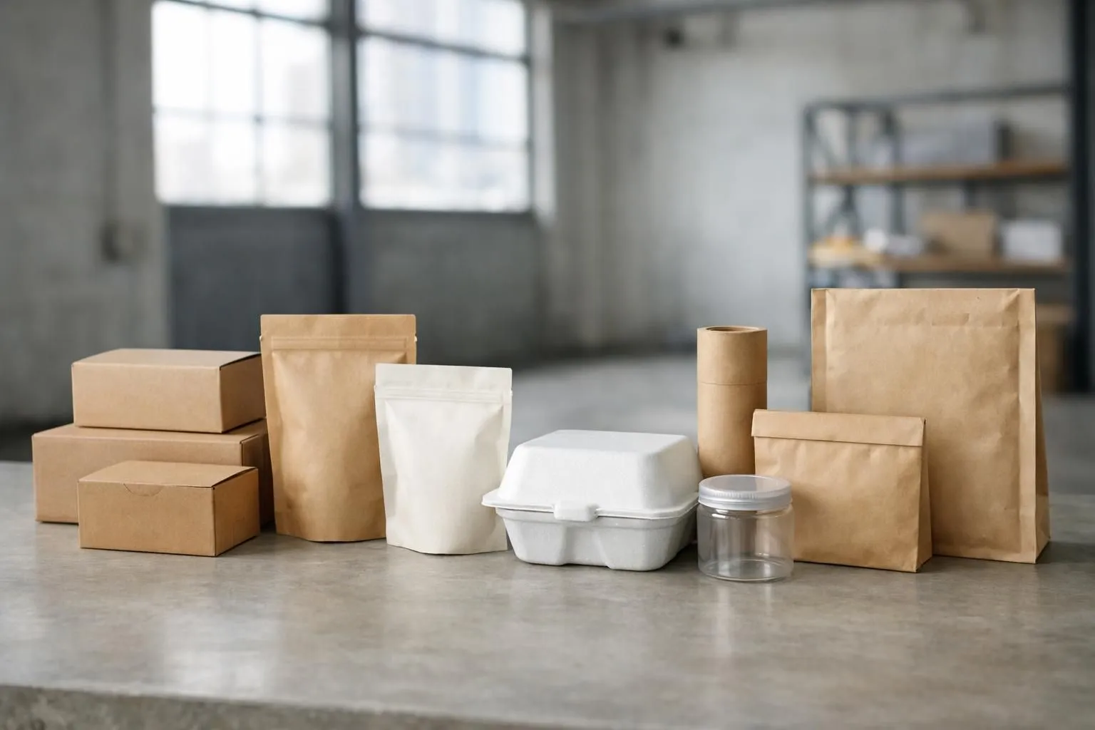 Modern warehouse or production facility showcasing seven different types of custom packaging boxes and containers on display shelves - cardboard boxes with colorful printing, eco-friendly kraft pouches, protective packaging for fragile items, shipping boxes, gift boxes, and various containers arranged professionally in rows - clean industrial setting with natural lighting highlighting the variety of packaging solutions for small and medium businesses