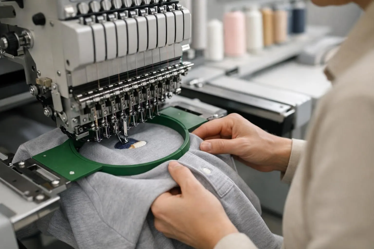 Professional embroidery workshop in Vaud Switzerland showing precision machinery working on corporate polo shirts, close-up of embroidered company logo being created on fabric, modern equipment with Swiss quality standards, clean industrial workspace with branded apparel on display