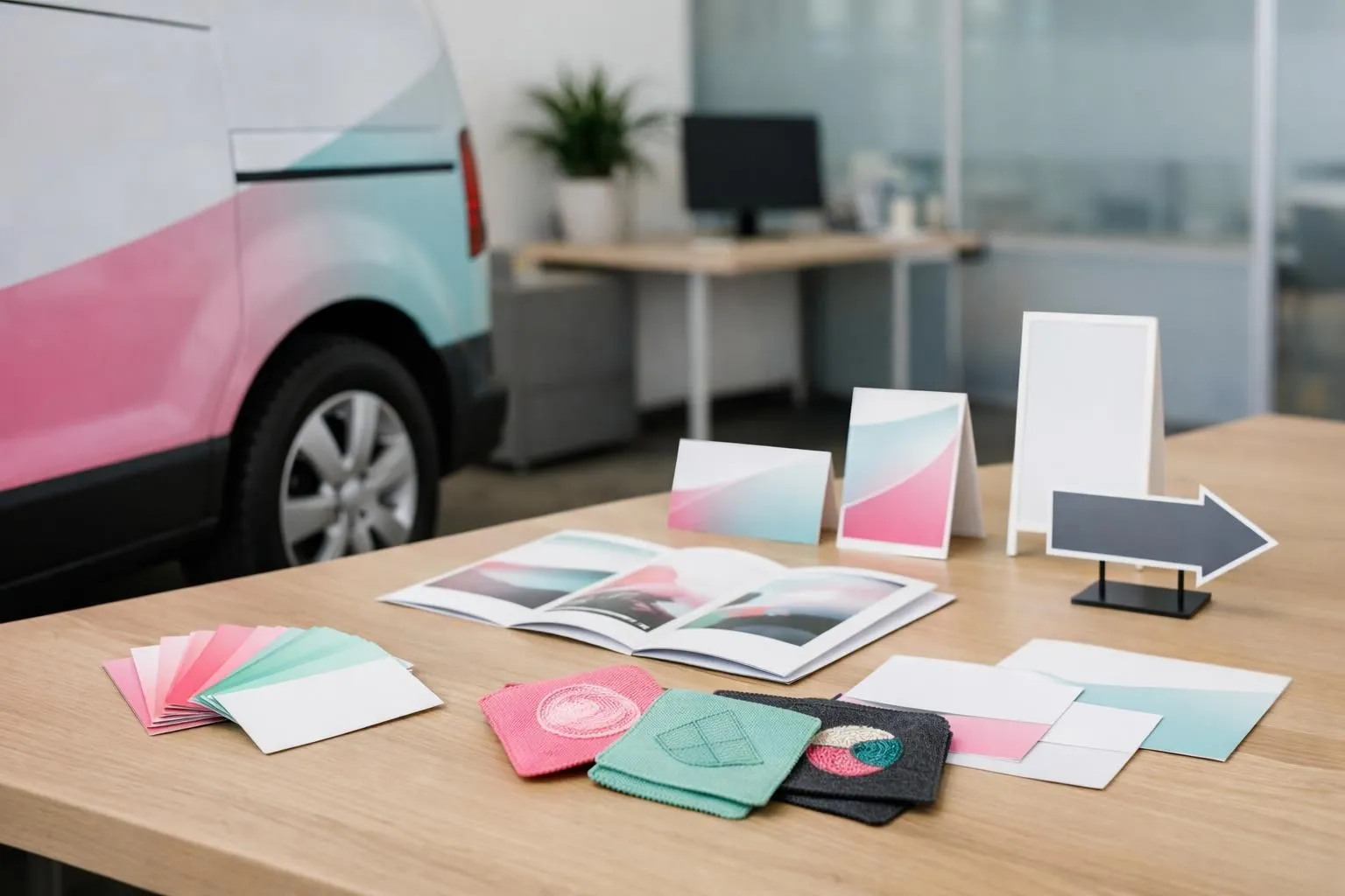 Professional workspace displaying various visual communication materials including business cards fanned out, vehicle with partial branding wrap visible through window, fabric samples with embroidery, printed brochures, and signage mockups arranged on desk in modern Swiss office setting, no text visible