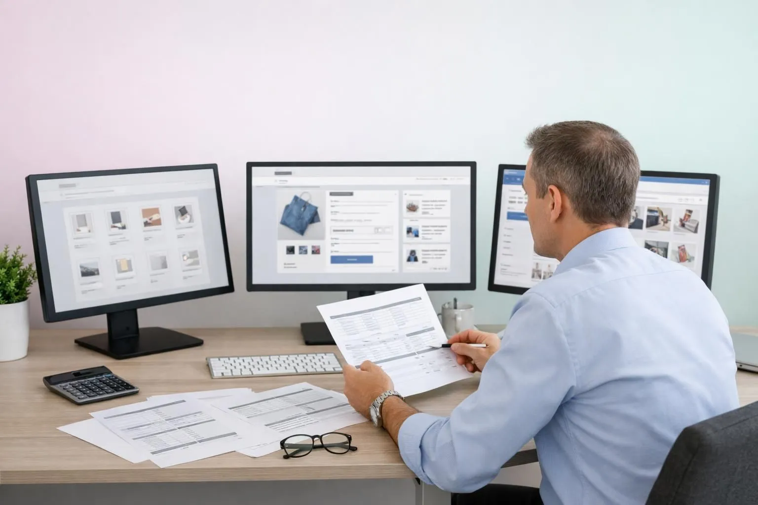 Modern digital workspace showing three distinct computer screens displaying different levels of e-commerce interfaces from simple template to complex custom dashboard, Swiss business professional reviewing options, clean minimalist office environment with price comparison documents
