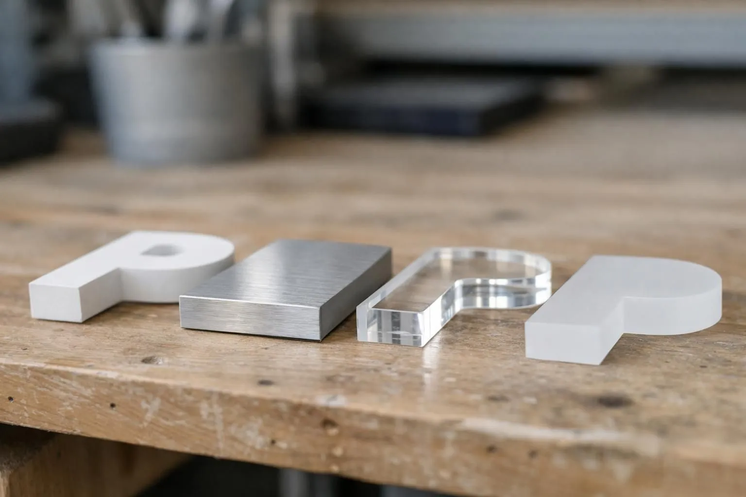 Close-up comparison of different cut letter materials including PVC, aluminum, and acrylic samples displayed side by side on a professional workbench with natural lighting showing their textures and finishes