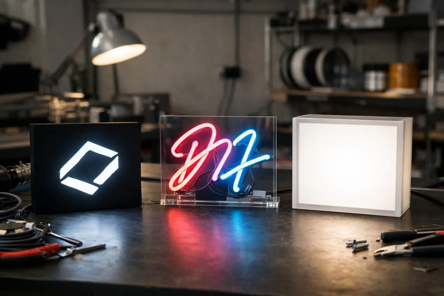Close-up view of a professional workshop table showing three different illuminated signage samples side by side: a sleek LED panel with modern corporate logo, a colorful neon flex tube forming artistic letters, and a backlit acrylic lightbox, all displayed on dark surface with technical tools nearby, professional lighting equipment in background, representing real-world creation d'enseignes lumineuses sur mesure comparison