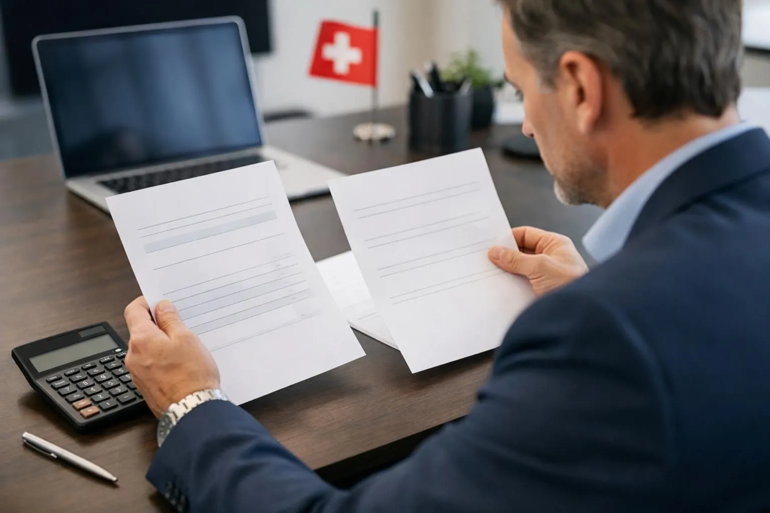 Swiss business owner examining vehicle branding invoice and ROI spreadsheet at modern desk with calculator, professional office setting showing budget review for fleet graphics, realistic consulting atmosphere without any visible text or numbers on documents