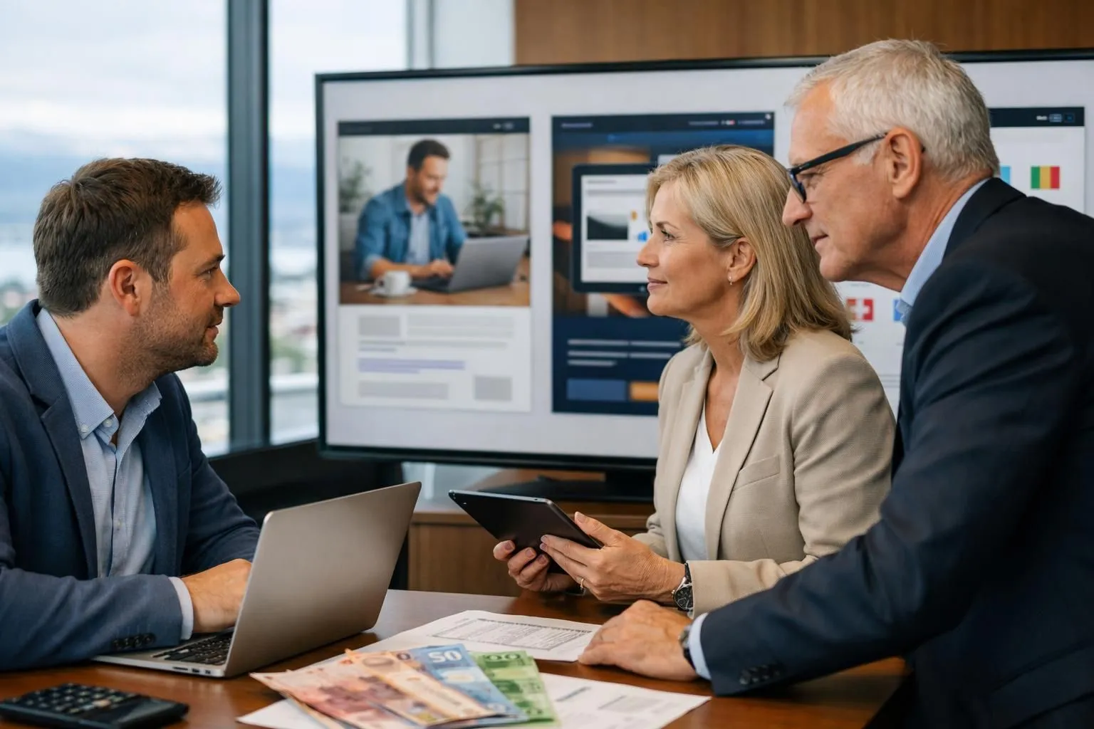 Three Swiss business professionals of different ages examining website designs on a large screen, representing micro-business owner with laptop, established company manager with tablet, and corporate executive reviewing multilingual site interface, in modern Lausanne office with Swiss franc budget documents visible