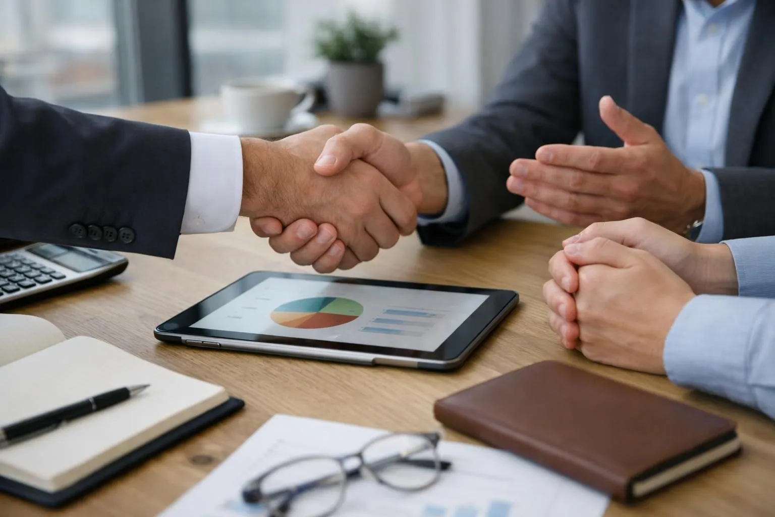 Professional business consultant showing hidden pricing document to concerned Swiss business owner in modern office, revealing transparent cost breakdown on tablet screen, natural lighting, trust-building atmosphere in Swiss corporate setting