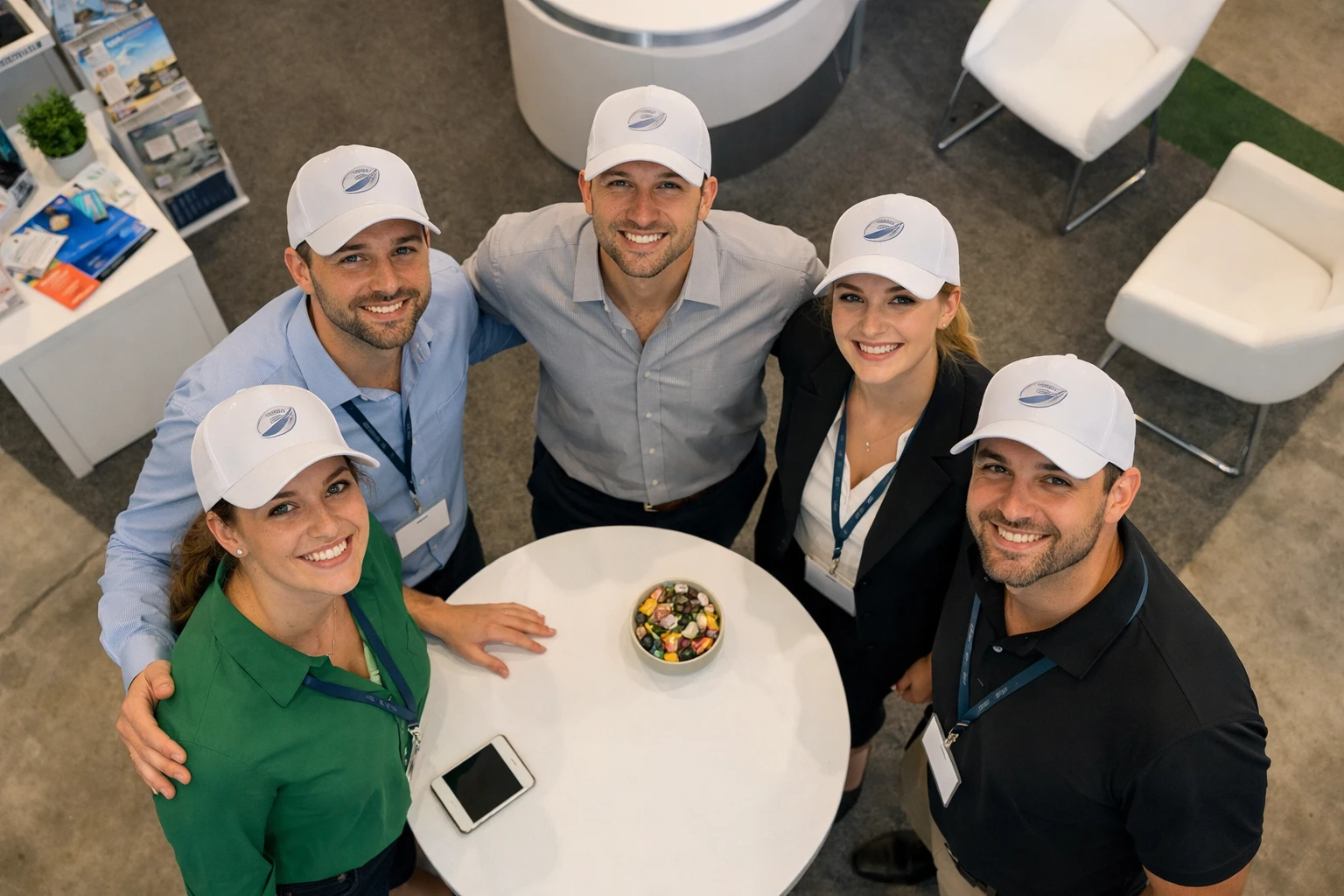 Business team of five professionals wearing matching branded caps with company logo at trade show booth, diverse group standing together, modern corporate environment with exhibition stands in background, natural lighting, professional atmosphere showing team cohesion